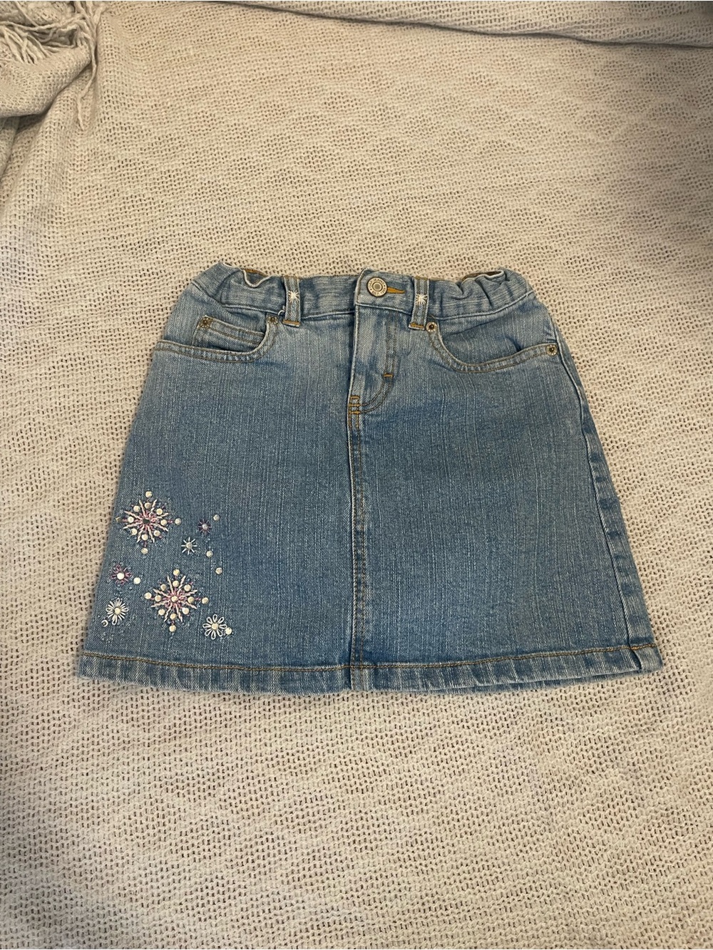 GAP Light Blue Denim Skirt with Snowflake Embroidery